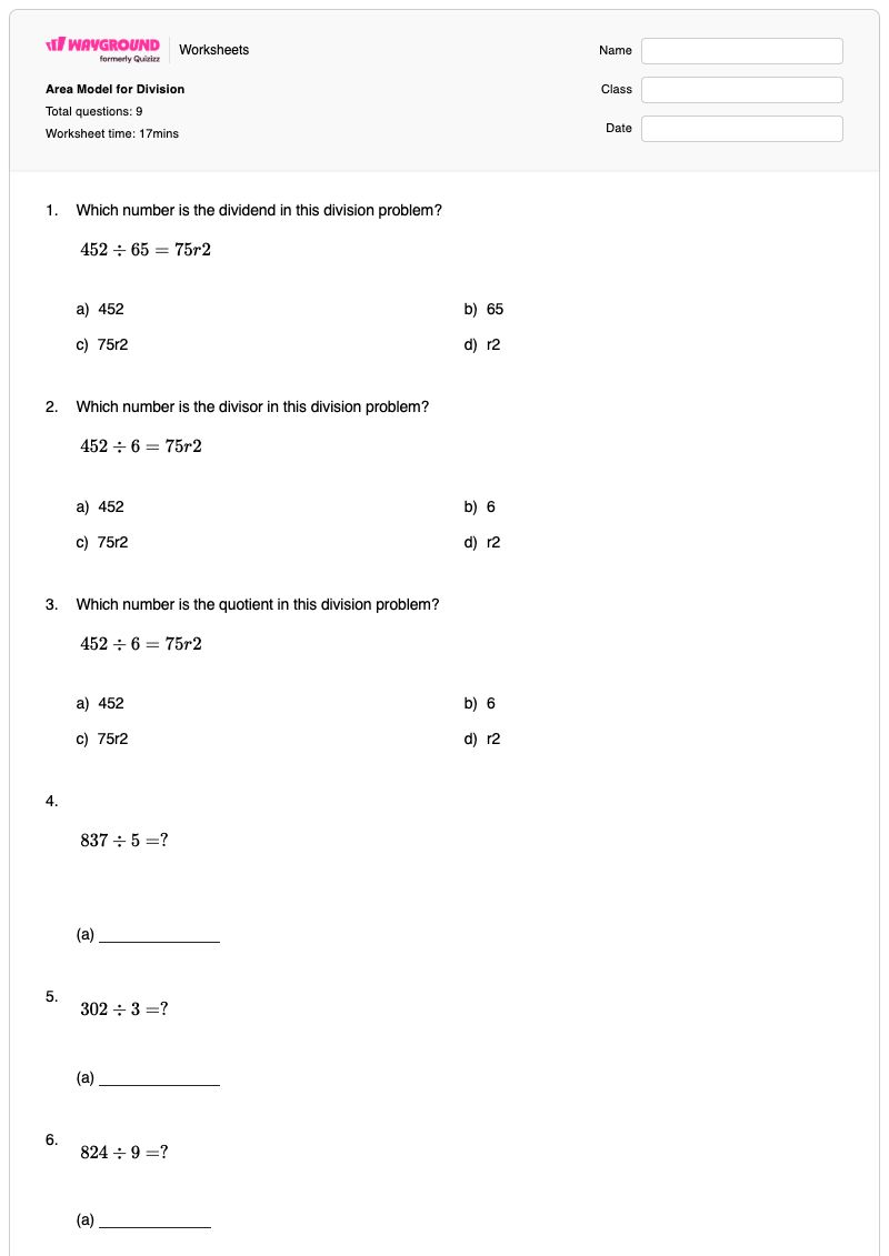 Area Model for Division - Printable Division Worksheets - Wayground
