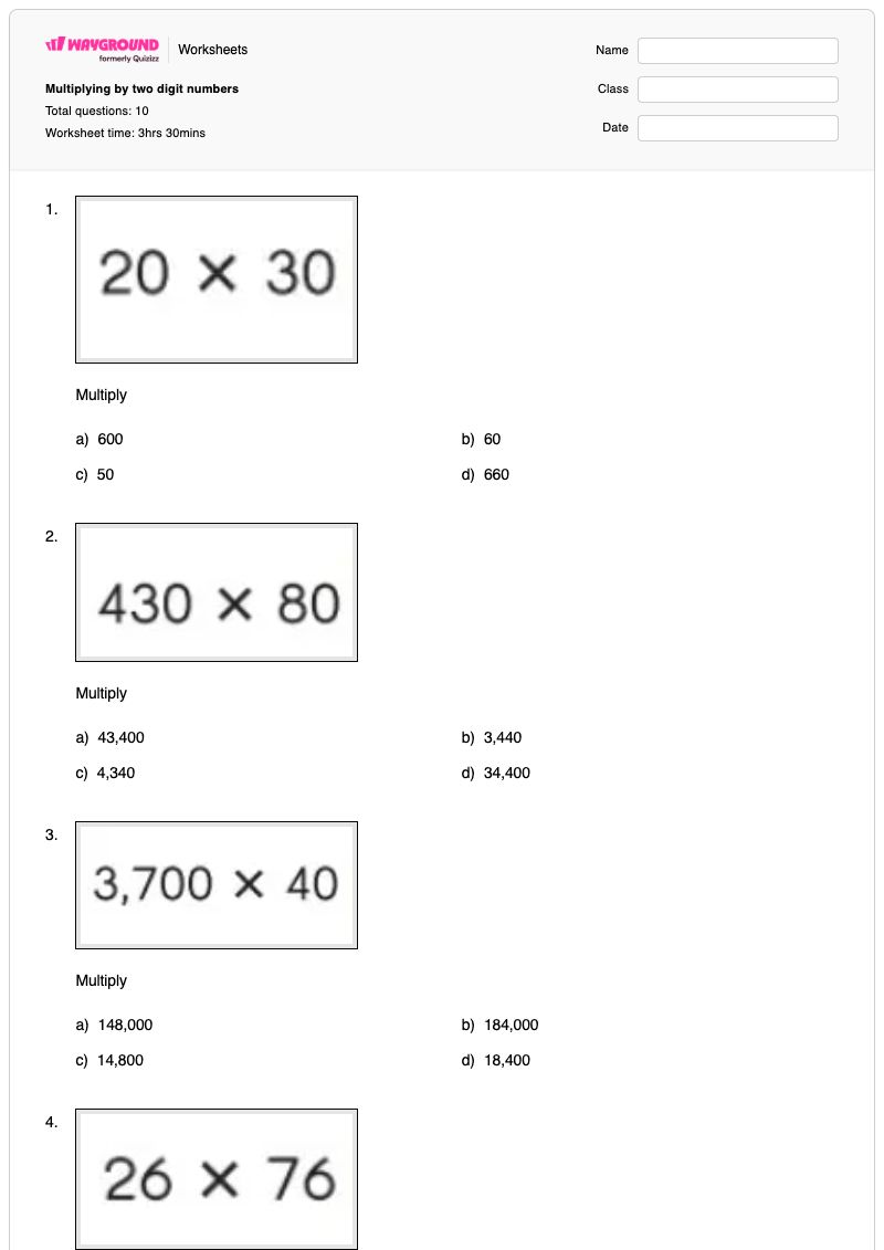 Multiplying by two digit numbers - พิมพ์ได้ ตัวเลขสองหลัก เวิร์กชีท - Wayground