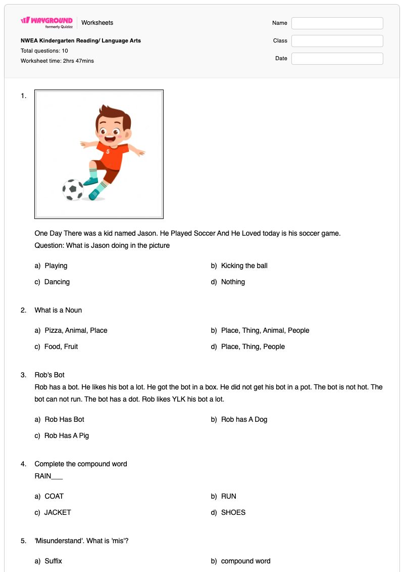 NWEA Kindergarten Reading/ Language Arts  - Printable Reading Worksheets Kindergarten - Wayground