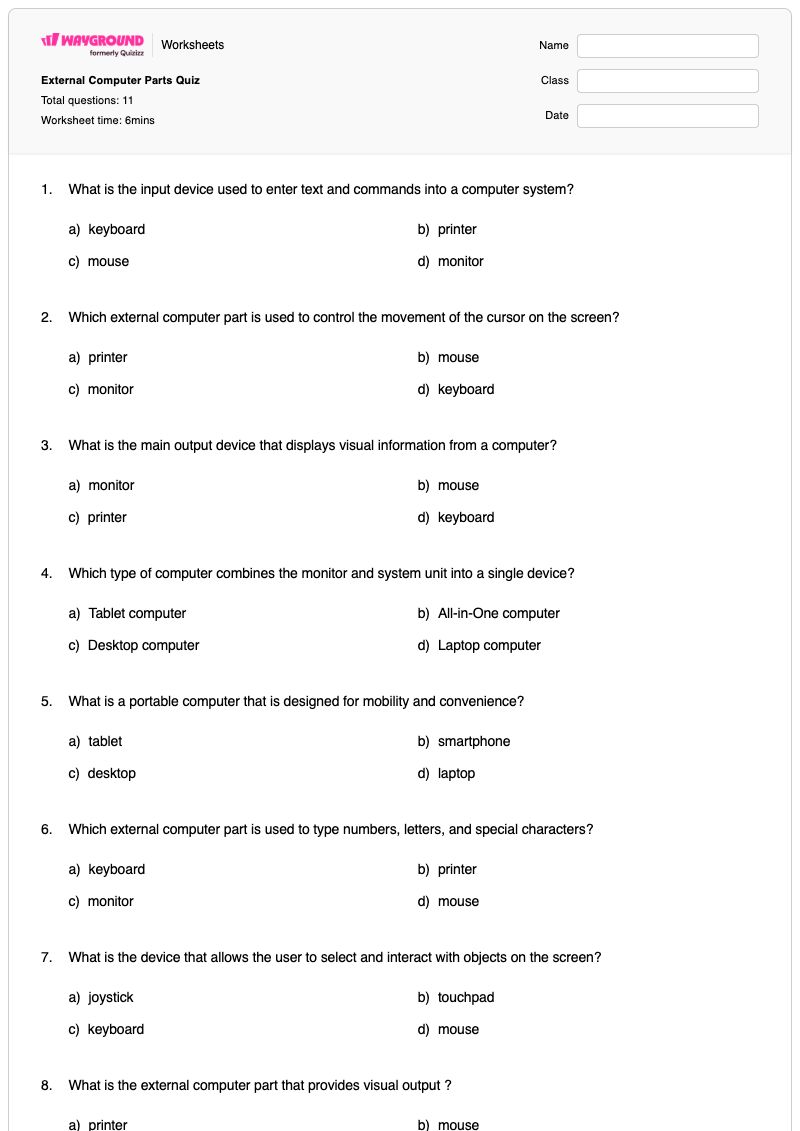 External Computer Parts Quiz - พิมพ์ได้ ชิ้นส่วนคอมพิวเตอร์ เวิร์กชีท - Wayground