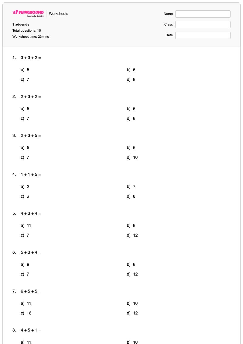 3 addends - Printable Addition Worksheets - Wayground