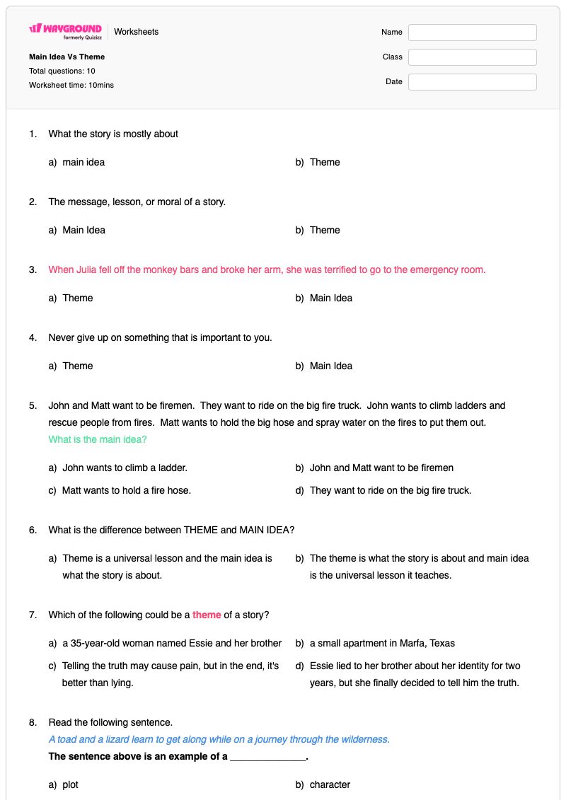 Main Idea Vs Theme - Printable Identifying-the-main-idea-in-nonfiction Worksheets Grade 3 - Wayground