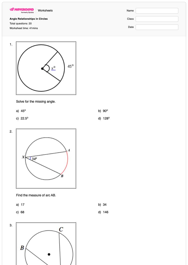 Angle Relationships in Circles - พิมพ์ได้ ความสัมพันธ์เชิงมุม เวิร์กชีท - Wayground
