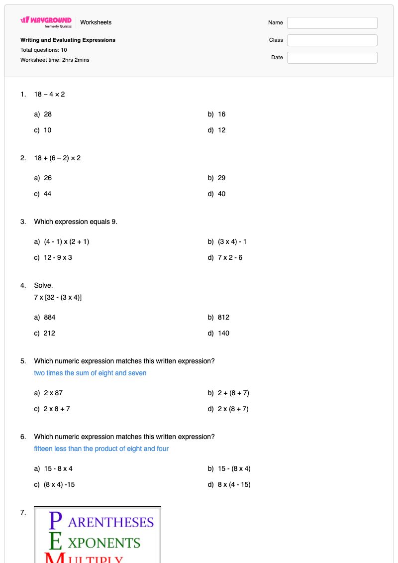 Writing and Evaluating Expressions - พิมพ์ได้ การประเมินนิพจน์ เวิร์กชีท - Wayground