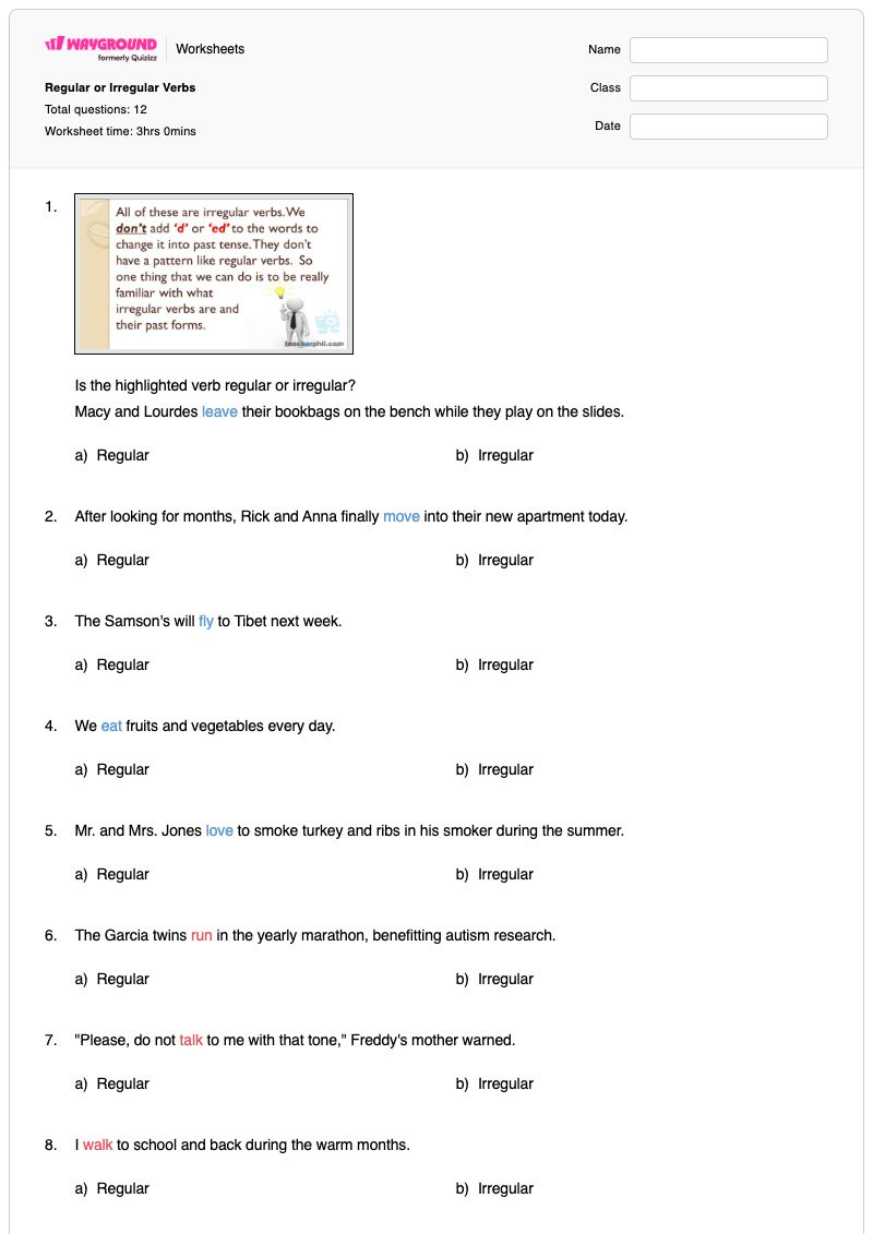Regular or Irregular Verbs - พิมพ์ได้ กริยาที่ไม่สม่ำเสมอ เวิร์กชีท - Wayground