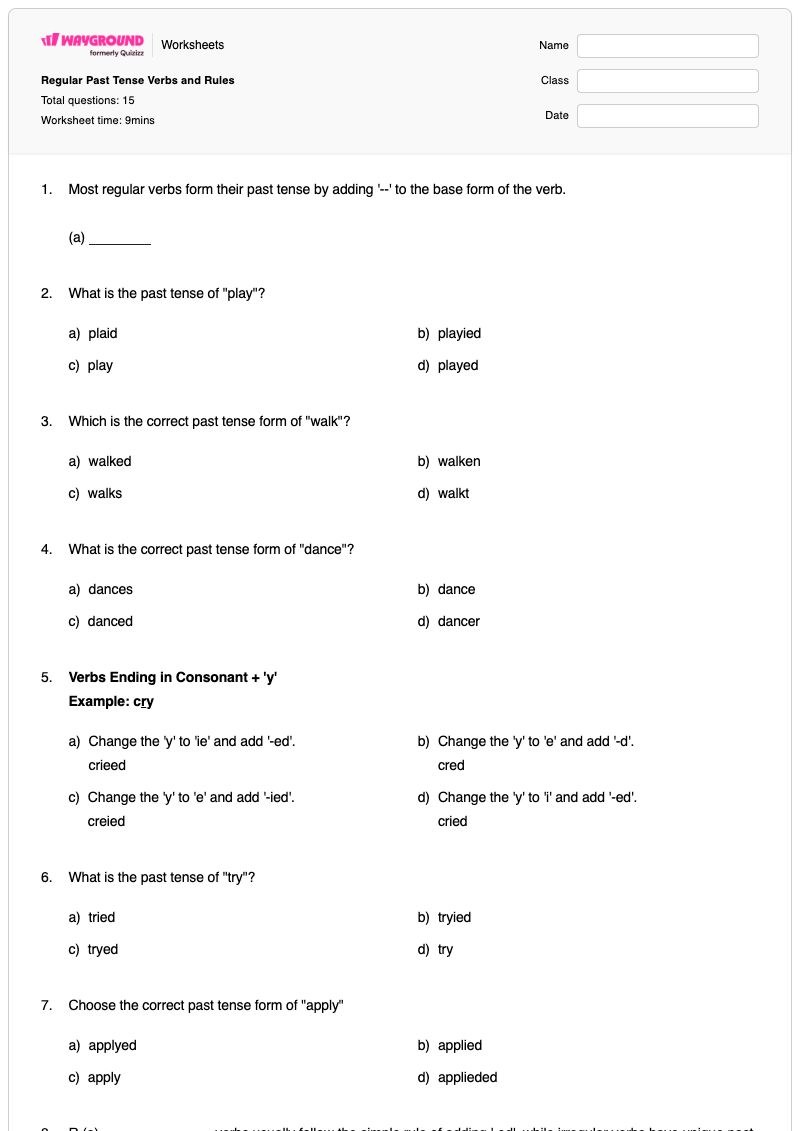 Regular Past Tense Verbs and Rules - Printable Past-tense-verbs Worksheets Grade 8 - Wayground