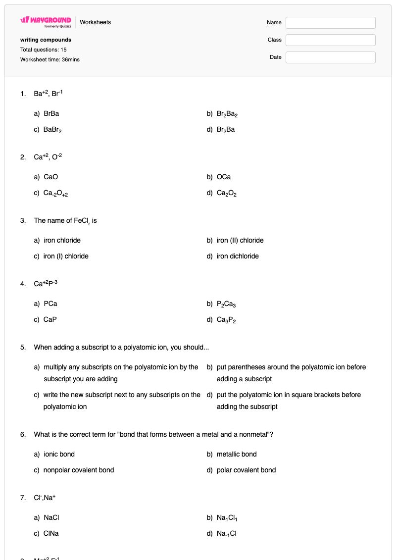 writing compounds - พิมพ์ได้ การตั้งชื่อสารประกอบไอออนิก เวิร์กชีท - Wayground