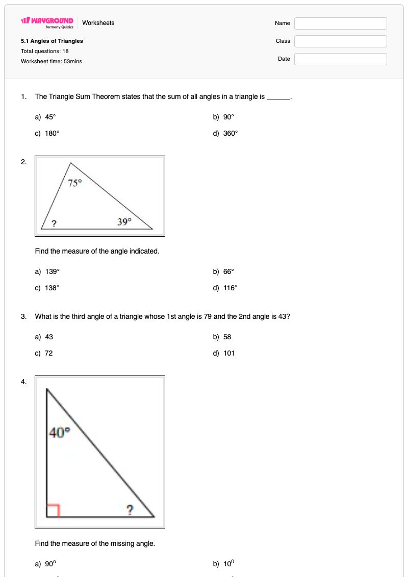 5.1 Angles of Triangles - พิมพ์ได้ ทฤษฎีบทผลรวมสามเหลี่ยม เวิร์กชีท - Wayground