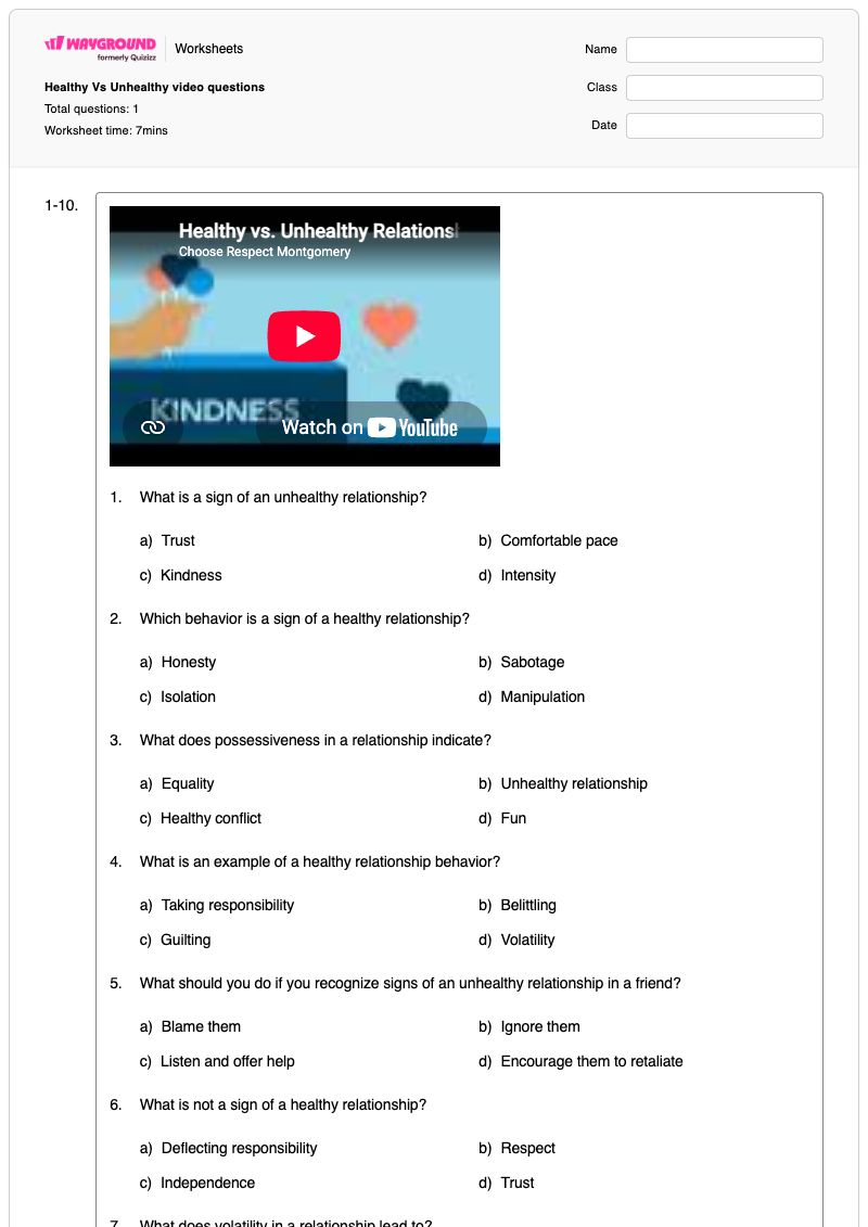 Healthy Vs Unhealthy video questions - พิมพ์ได้ ความสัมพันธ์ที่ดี เวิร์กชีท - Wayground