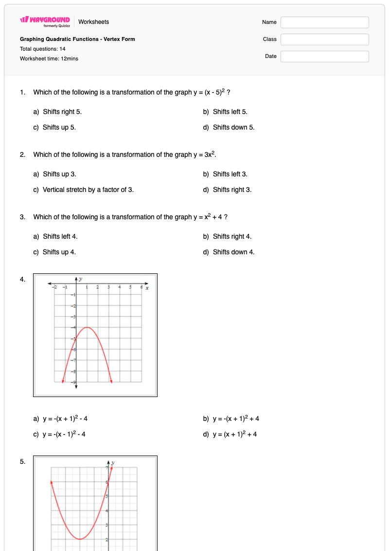 Graphing Quadratic Functions - Vertex Form - พิมพ์ได้ Vertex-form เวิร์กชีท - Wayground