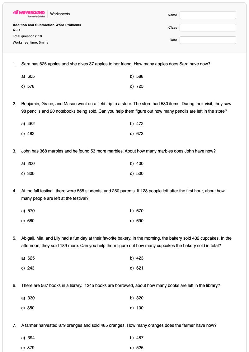 Addition and Subtraction Word Problems Quiz - พิมพ์ได้ โจทย์ปัญหาเกี่ยวกับการลบ เวิร์กชีท - Wayground