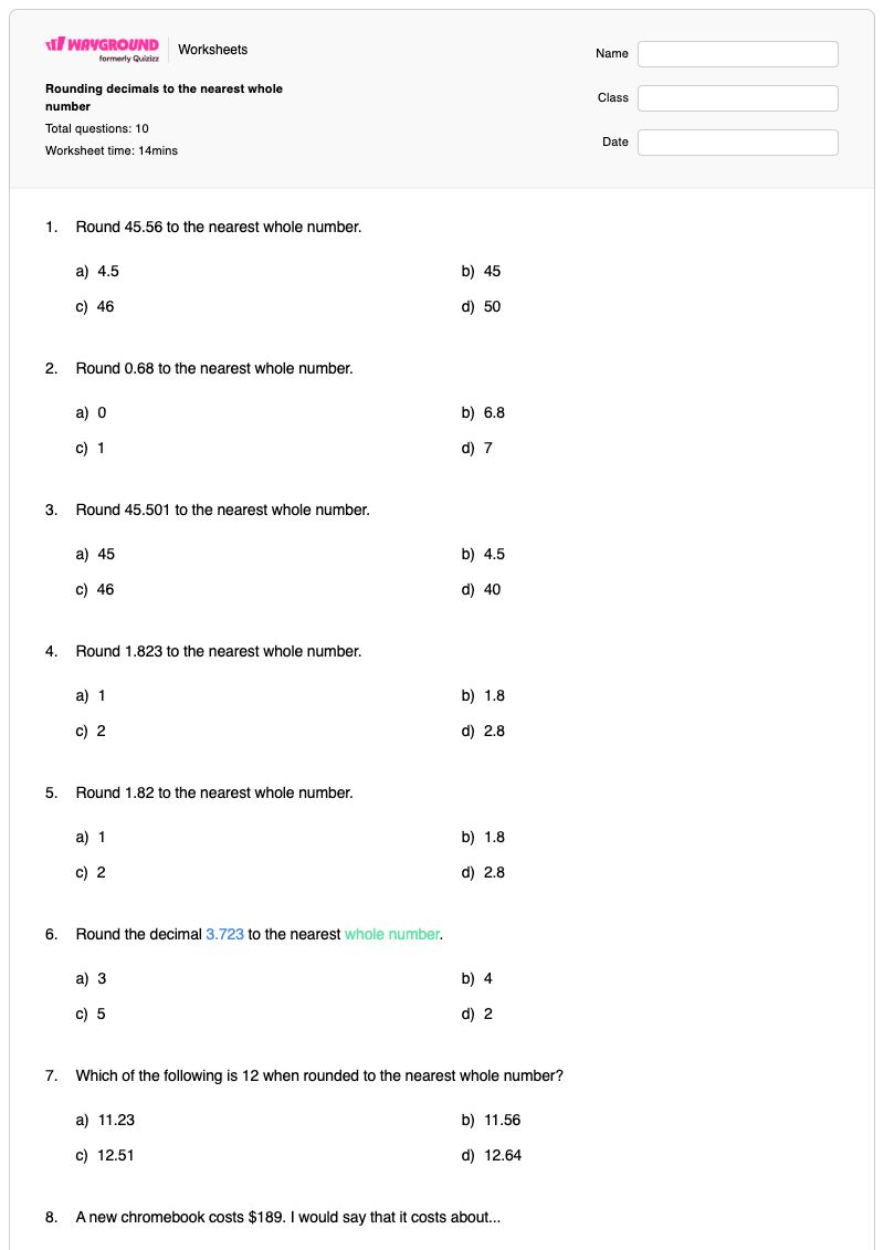 Rounding decimals to the nearest whole number - พิมพ์ได้ Rounding-whole-numbers เวิร์กชีท - Wayground