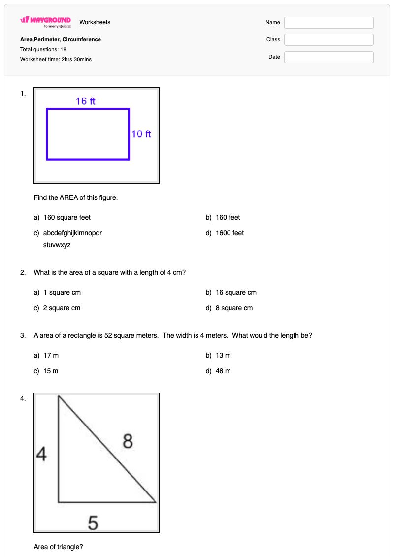 Area,Perimeter, Circumference - พิมพ์ได้ พื้นที่และปริมณฑล เวิร์กชีท - Wayground