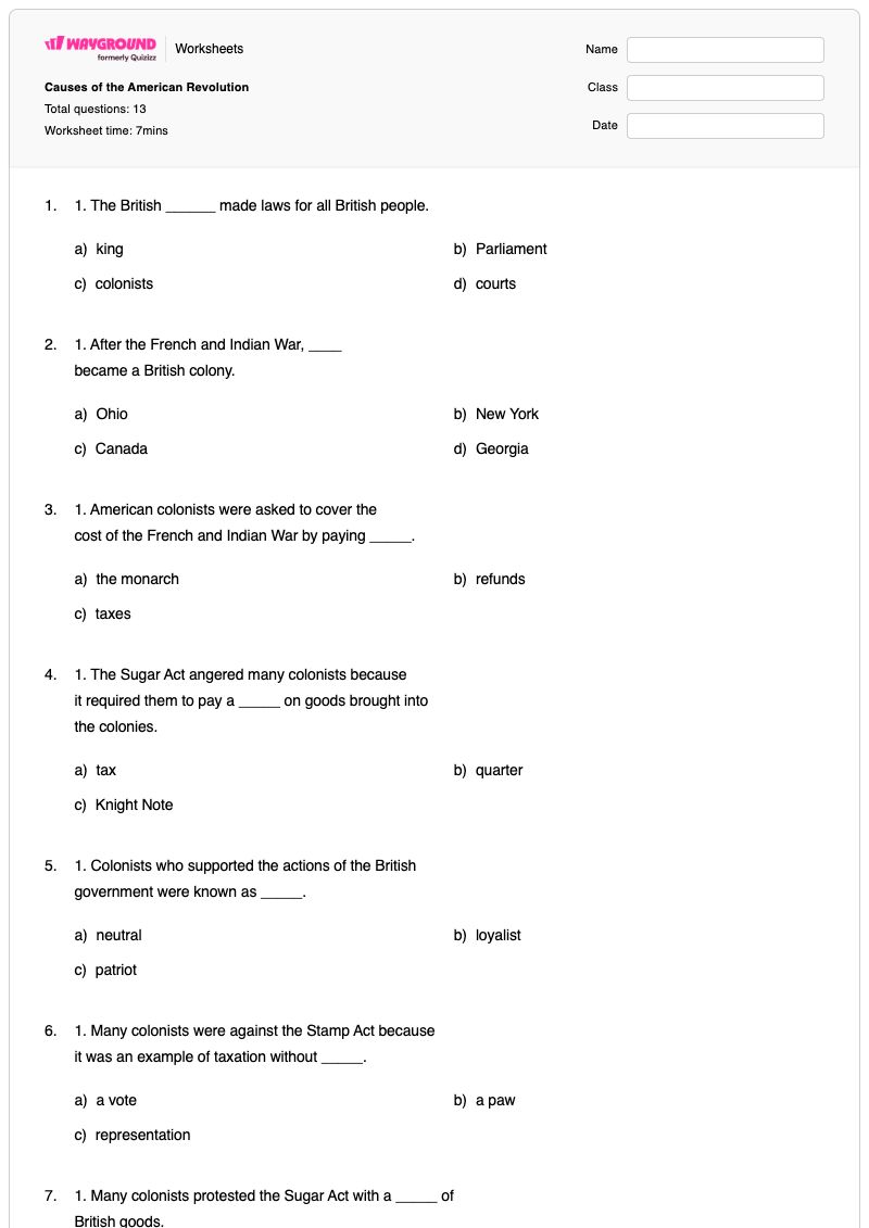 Causes of the American Revolution - Printable American-revolution Worksheets Grade 4 - Wayground