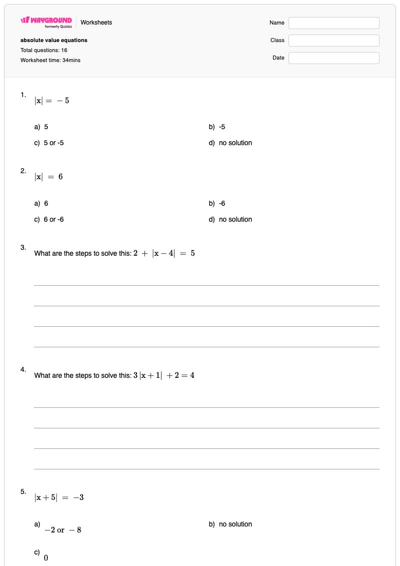 absolute value equations - Printable Absolute-value-equations-functions-and-inequalities Worksheets Grade 9 - Wayground