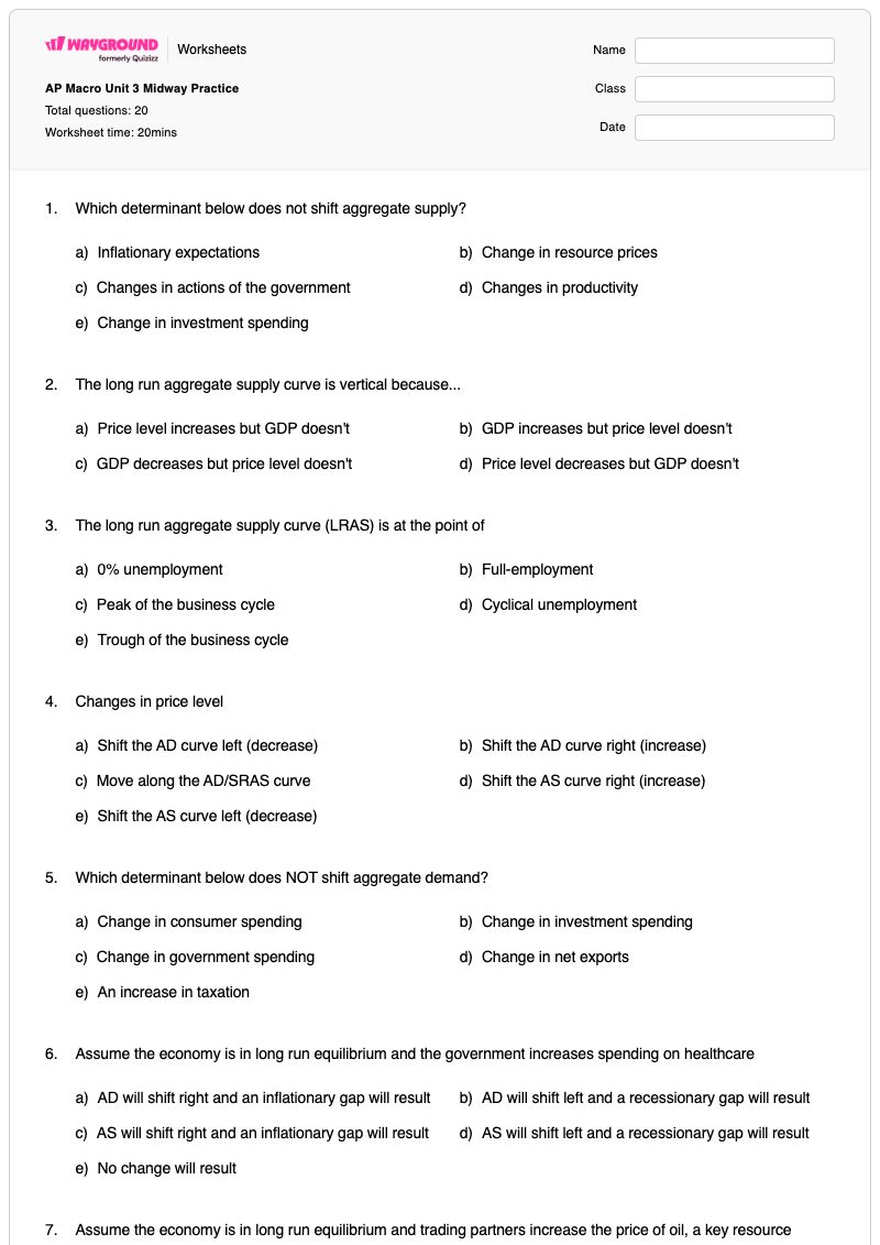AP Macro Unit 3 Midway Practice - พิมพ์ได้ อุปทานและอุปสงค์ เวิร์กชีท - Wayground
