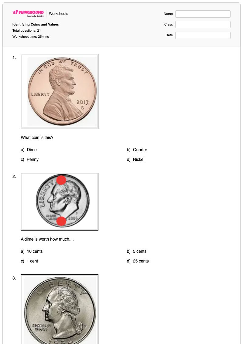 Identifying Coins and Values - Printable Coin-names-and-values Worksheets Kindergarten - Wayground