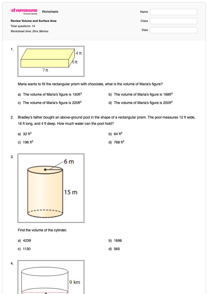 Review Volume and Surface Area - Printable Volume-and-surface-area Worksheets - Wayground