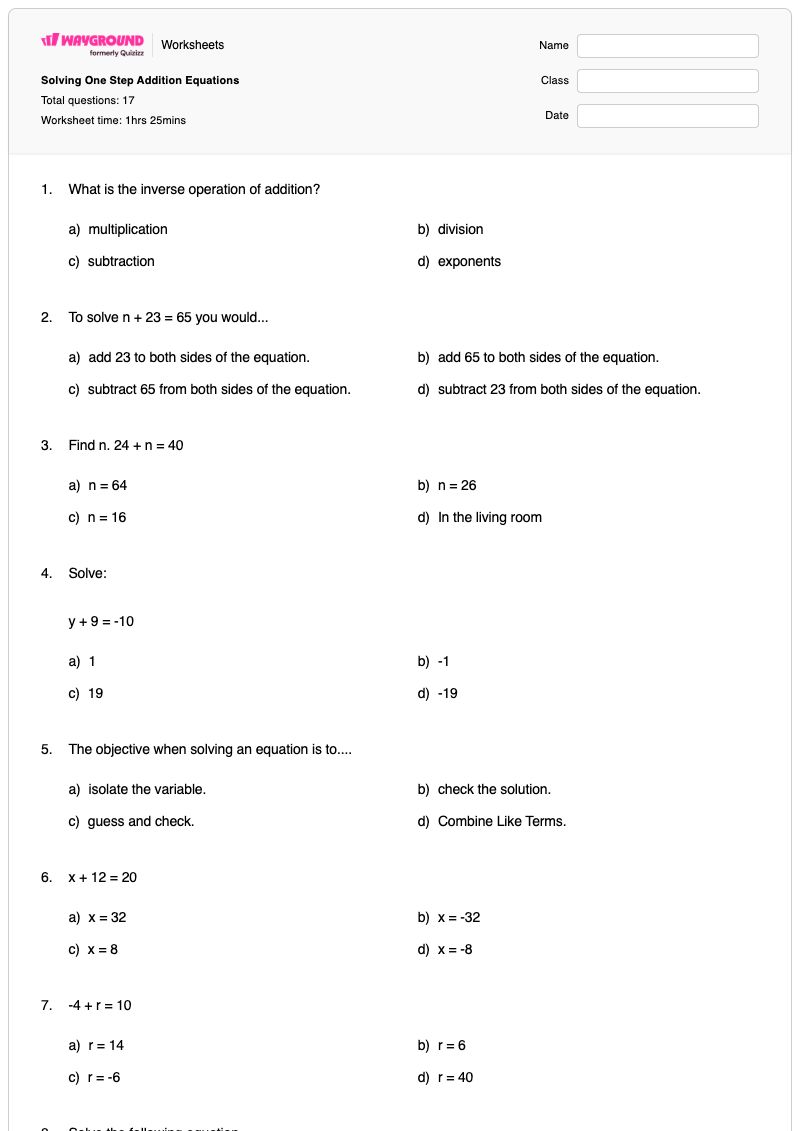 Solving One Step Addition Equations - พิมพ์ได้ สมการขั้นตอนเดียว เวิร์กชีท - Wayground