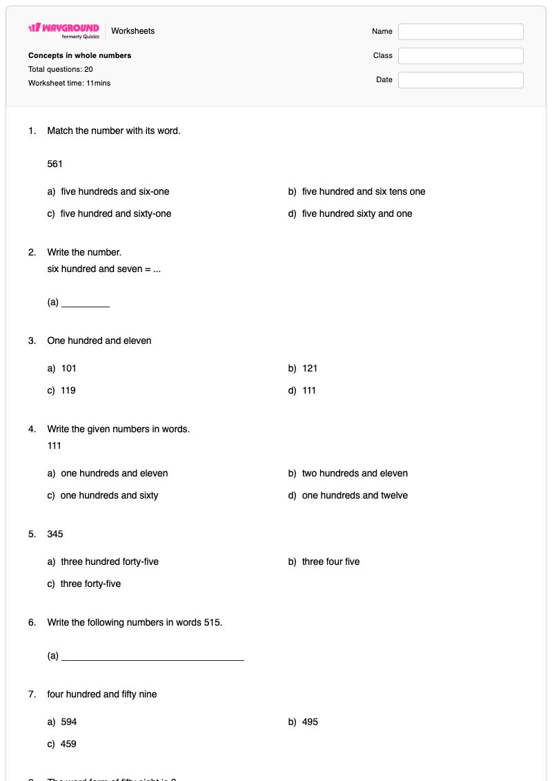 Concepts in whole numbers - พิมพ์ได้ คำศัพท์เกี่ยวกับตัวเลข เวิร์กชีท - Wayground