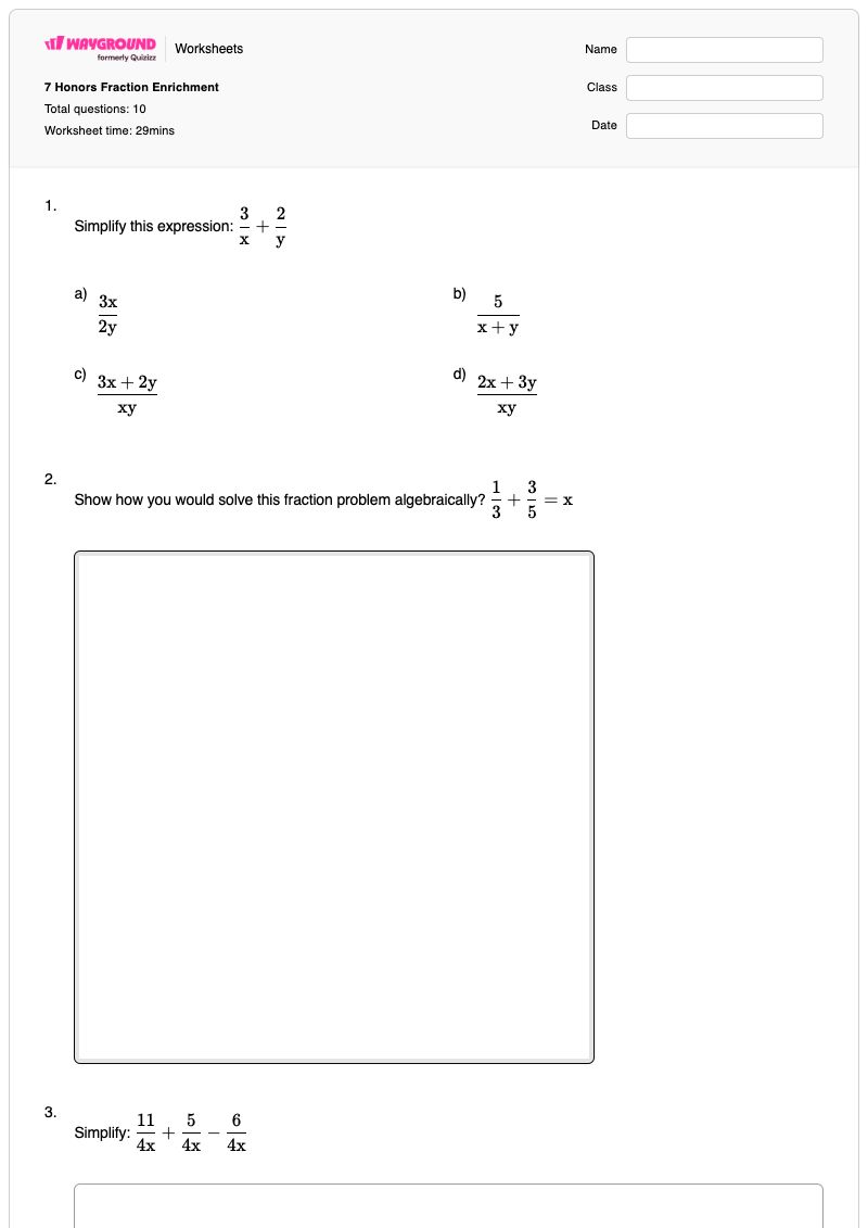 7 Honors Fraction Enrichment - พิมพ์ได้ การแสดงออก เวิร์กชีท - Wayground