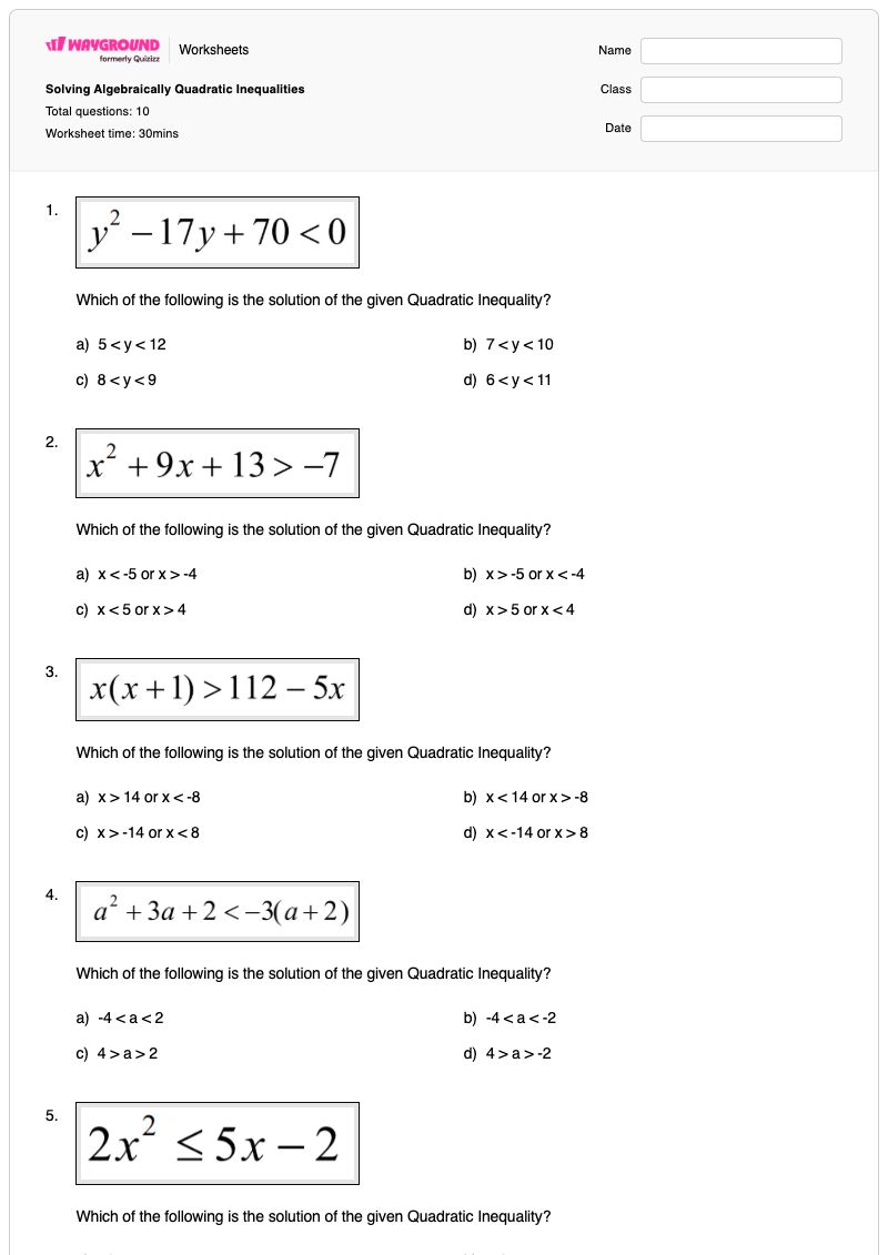 Solving Algebraically Quadratic Inequalities - พิมพ์ได้ การแก้สมการอสมการ เวิร์กชีท - Wayground