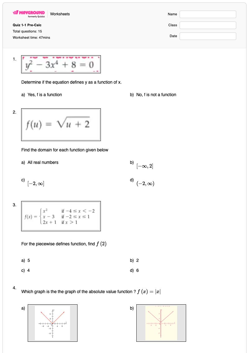 Quiz 1-1 Pre-Calc - พิมพ์ได้ Intervals เวิร์กชีท ระดับ 4 - Wayground