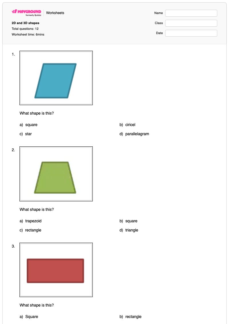 2D and 3D shapes - พิมพ์ได้ Polygon-identification เวิร์กชีท ระดับ 1 - Wayground