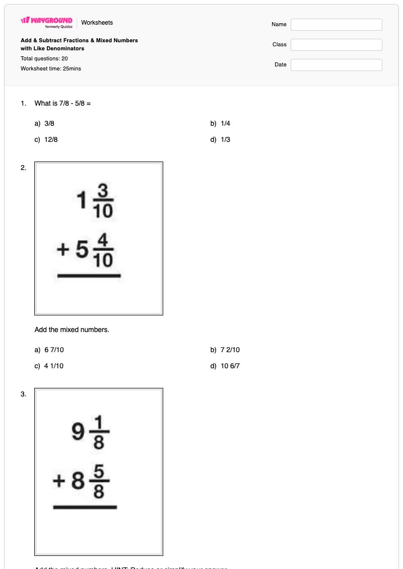 Add & Subtract Fractions & Mixed Numbers with Like Denominators - พิมพ์ได้ การลบจำนวนคละ เวิร์กชีท - Wayground