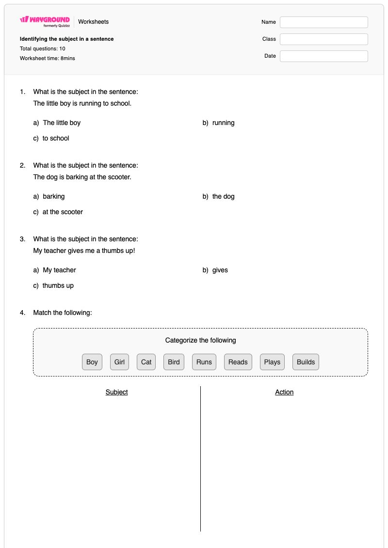 Identifying the subject in a sentence - พิมพ์ได้ Compound-subject เวิร์กชีท ระดับ 2 - Wayground