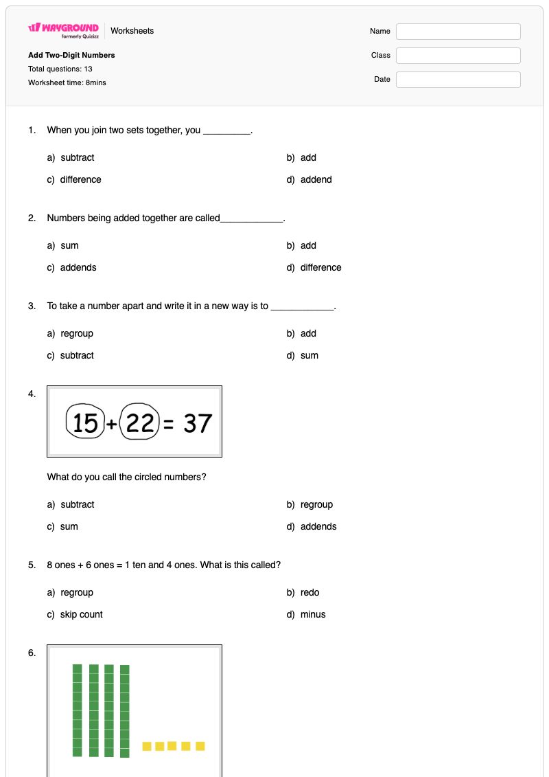 Add Two-Digit Numbers - พิมพ์ได้ ตัวเลขสองหลัก เวิร์กชีท ระดับ 1 - Wayground