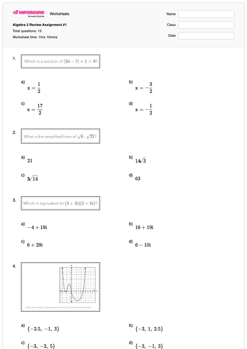 Algebra 2 Review Assignment #1 - Printable Algebra-2 Worksheets - Wayground