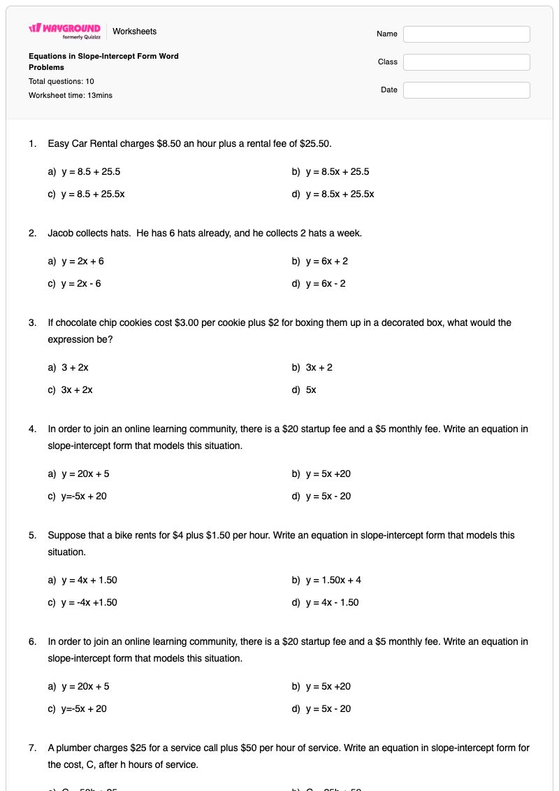 Equations in Slope-Intercept Form Word Problems - พิมพ์ได้ รูปแบบความชัน-จุดตัดแกน เวิร์กชีท - Wayground