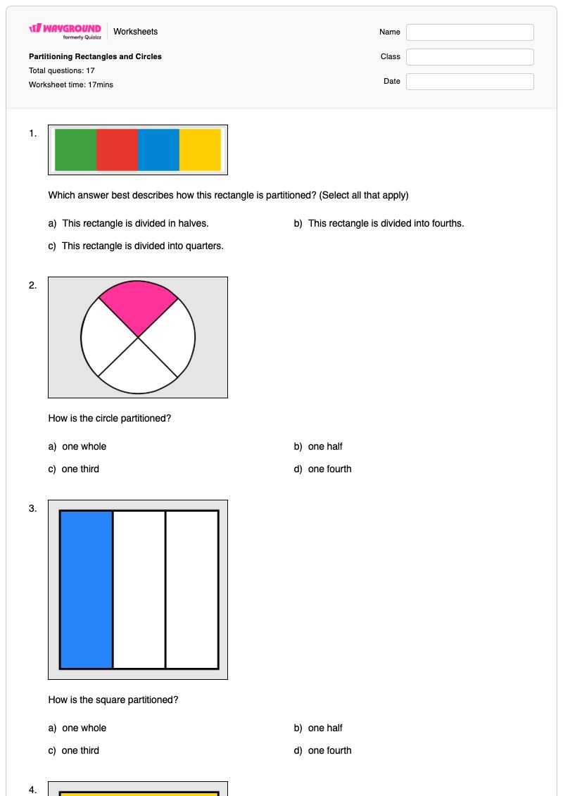 Partitioning Rectangles and Circles - พิมพ์ได้ สี่เหลี่ยมผืนผ้า เวิร์กชีท ระดับ 2 - Wayground