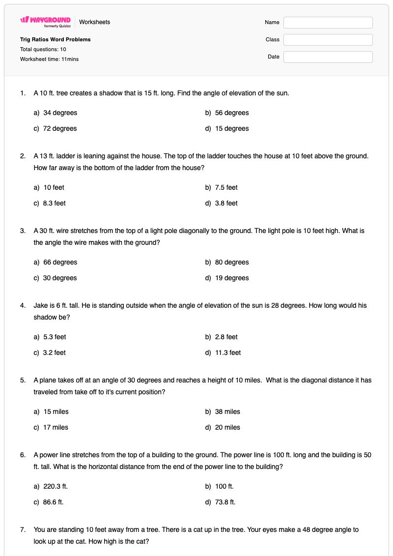 Trig Ratios Word Problems - พิมพ์ได้ ปัญหาเกี่ยวกับอัตราส่วน เวิร์กชีท - Wayground