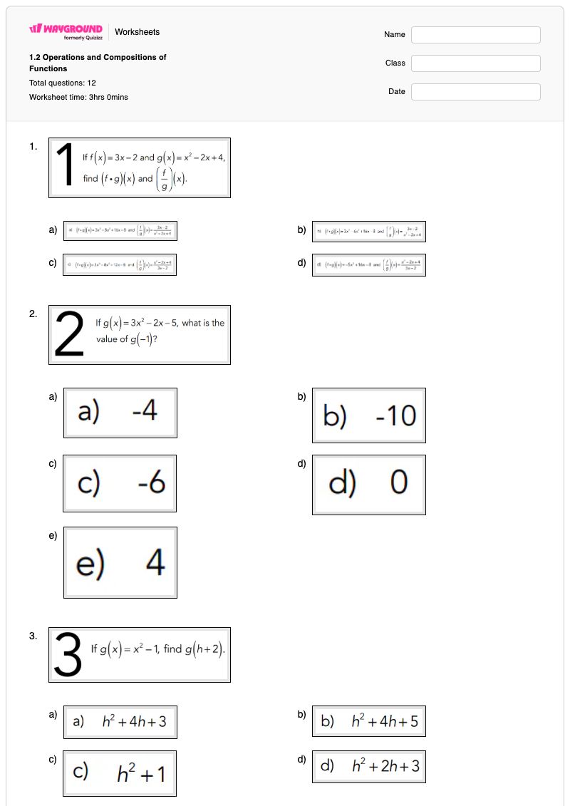 1.2 Operations and Compositions of Functions - พิมพ์ได้ ฟังก์ชันการทำงาน เวิร์กชีท - Wayground
