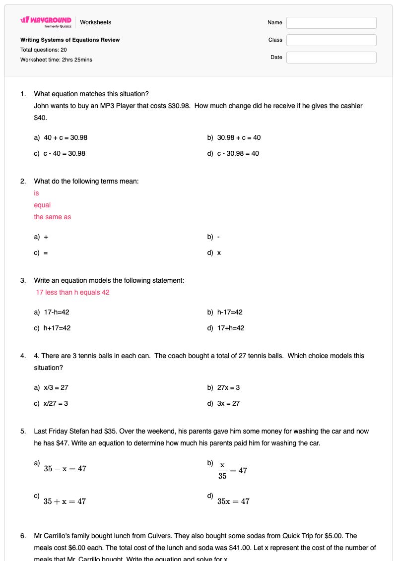 Writing Systems of Equations Review - Printable System-of-equations-word-problems Worksheets - Wayground