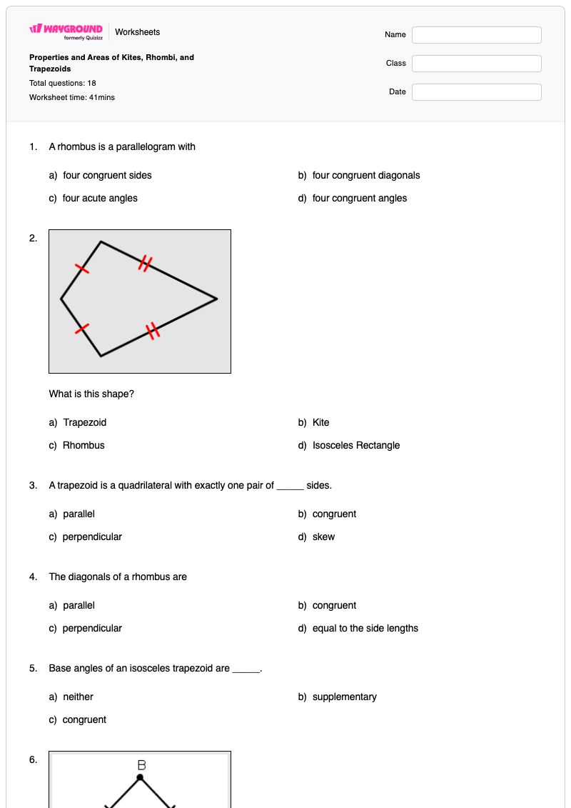 Properties and Areas of Kites, Rhombi, and Trapezoids - Printable Area-of-a-kite Worksheets - Wayground