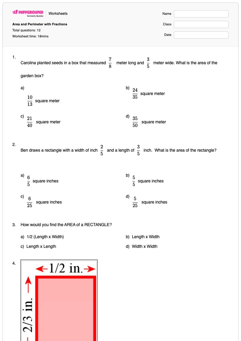 Area and Perimeter with Fractions - พิมพ์ได้ พื้นที่และปริมณฑล เวิร์กชีท - Wayground