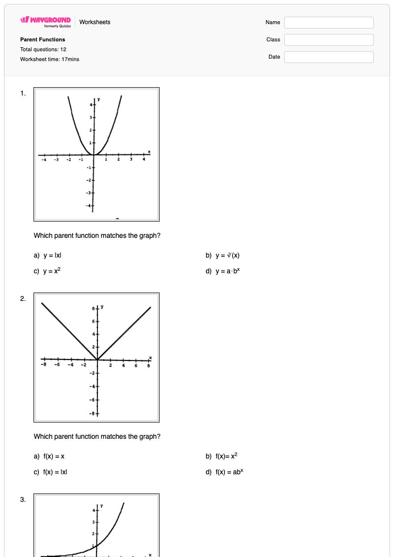 Parent Functions - Printable Functions Worksheets Grade 11 - Wayground