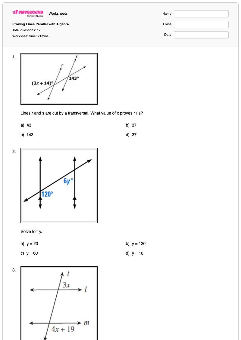 Proving Lines Parallel with Algebra - Printable Algebra Worksheets - Wayground
