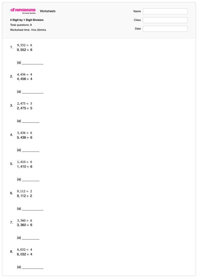 4 Digit by 1 Digit Division - Printable Division Worksheets - Wayground