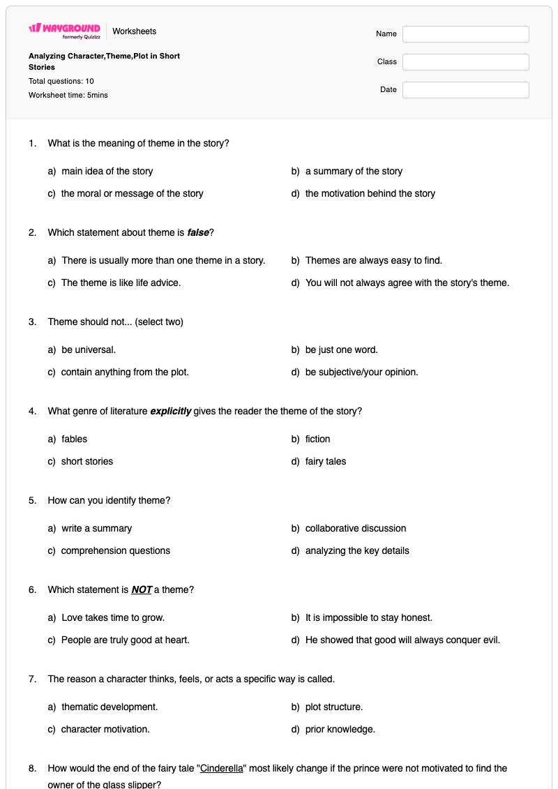 Analyzing Character,Theme,Plot in Short Stories - Printable Short-stories Worksheets Kindergarten - Wayground