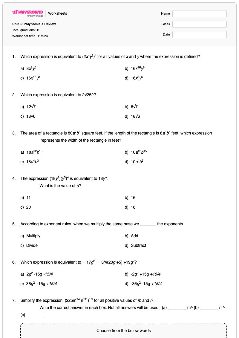 Unit 6: Polynomials Review - พิมพ์ได้ Polynomial-simplification เวิร์กชีท ระดับ 9 - Wayground