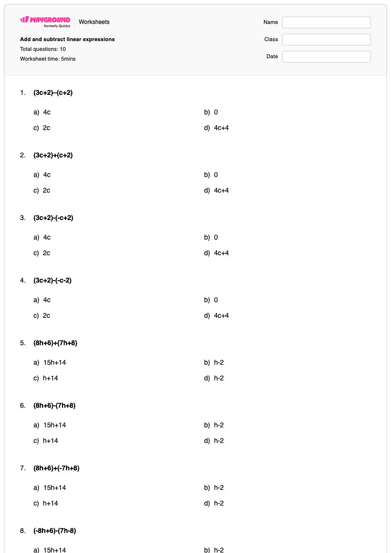 Add and subtract linear expressions - พิมพ์ได้ การแสดงออก เวิร์กชีท - Wayground