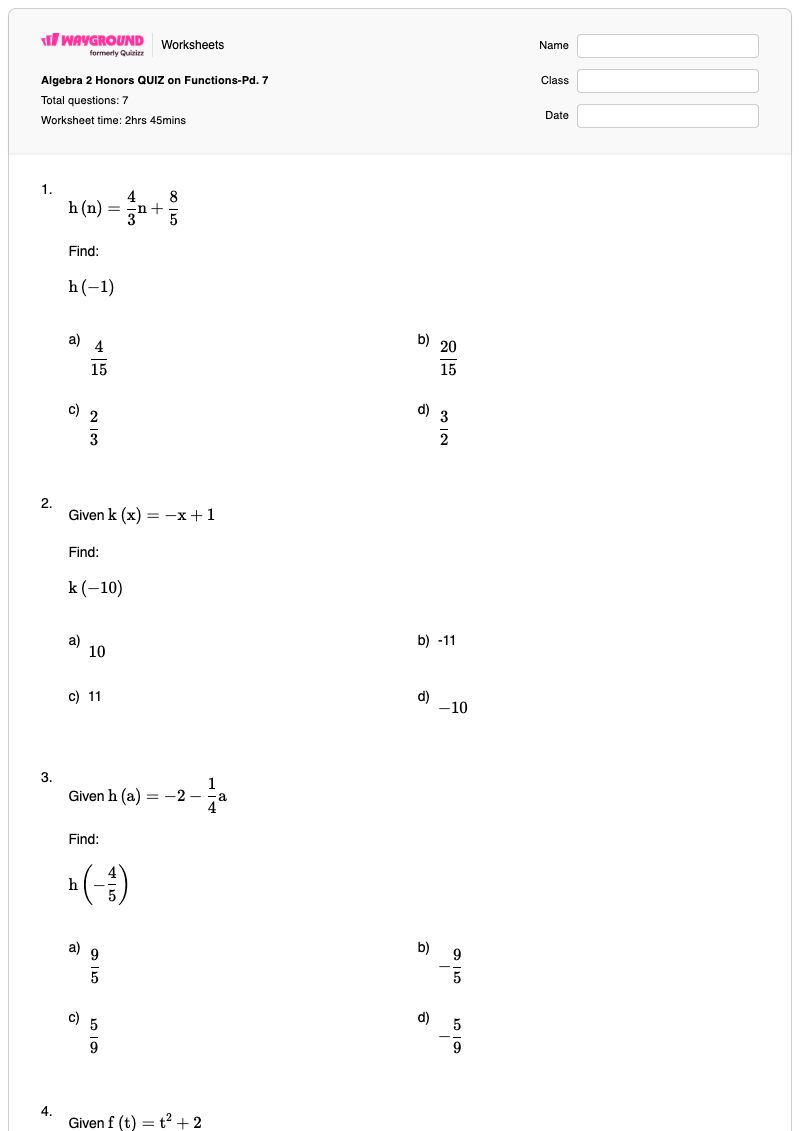 Algebra 2 Honors QUIZ on Functions-Pd. 7 - Printable Algebra-2 Worksheets - Wayground