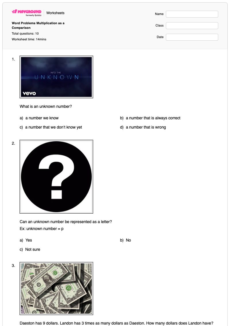 Word Problems Multiplication as a Comparison    - พิมพ์ได้ Ratio-problems เวิร์กชีท ระดับ 4 - Wayground