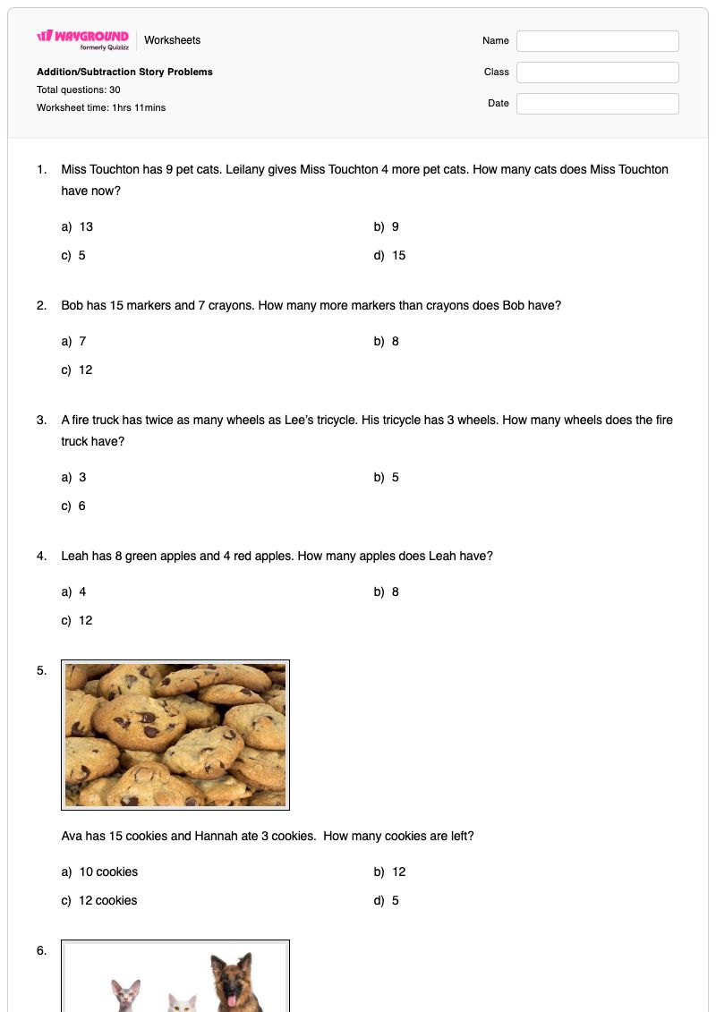Addition/Subtraction Story Problems - พิมพ์ได้ Addition-and-subtraction เวิร์กชีท - Wayground