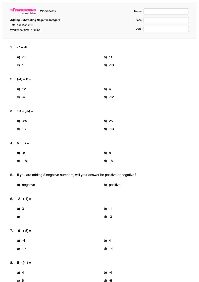 Adding Subtracting Negative Integers - Printable Subtracting-negative-integers Worksheets Year 8 - Wayground