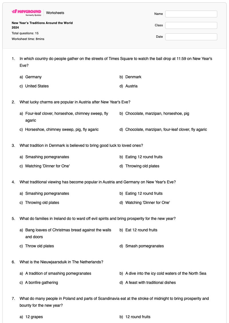New Year’s Traditions Around the World 2024 - Printable Lunar-new-year Worksheets Class 6 - Wayground